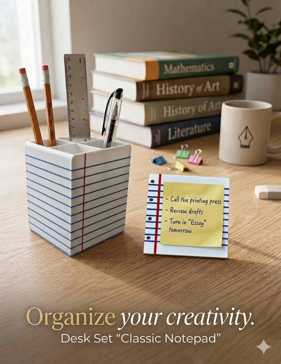 3D Classic Notepad Desk Set — Pen Holder & Sticky Note Tray