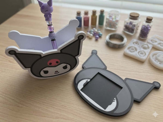 3D Dark Kawaii Bunny Desk Set — Pen Holder & Sticky Note Tray