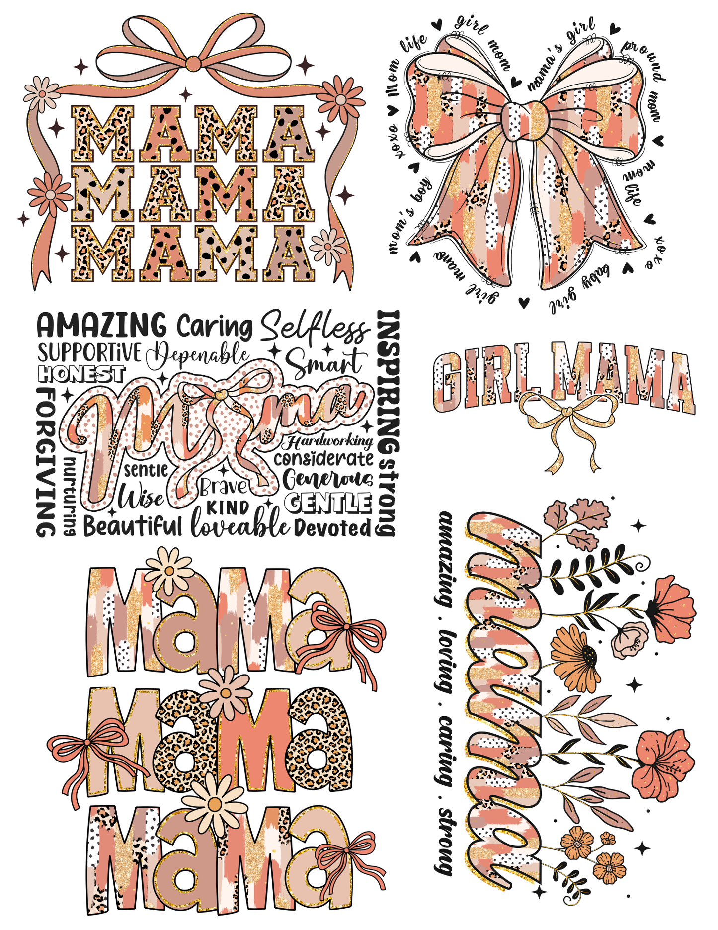 DTF Gang Sheet — Coquette Mama Floral Pack · 6 Boho Mom Designs