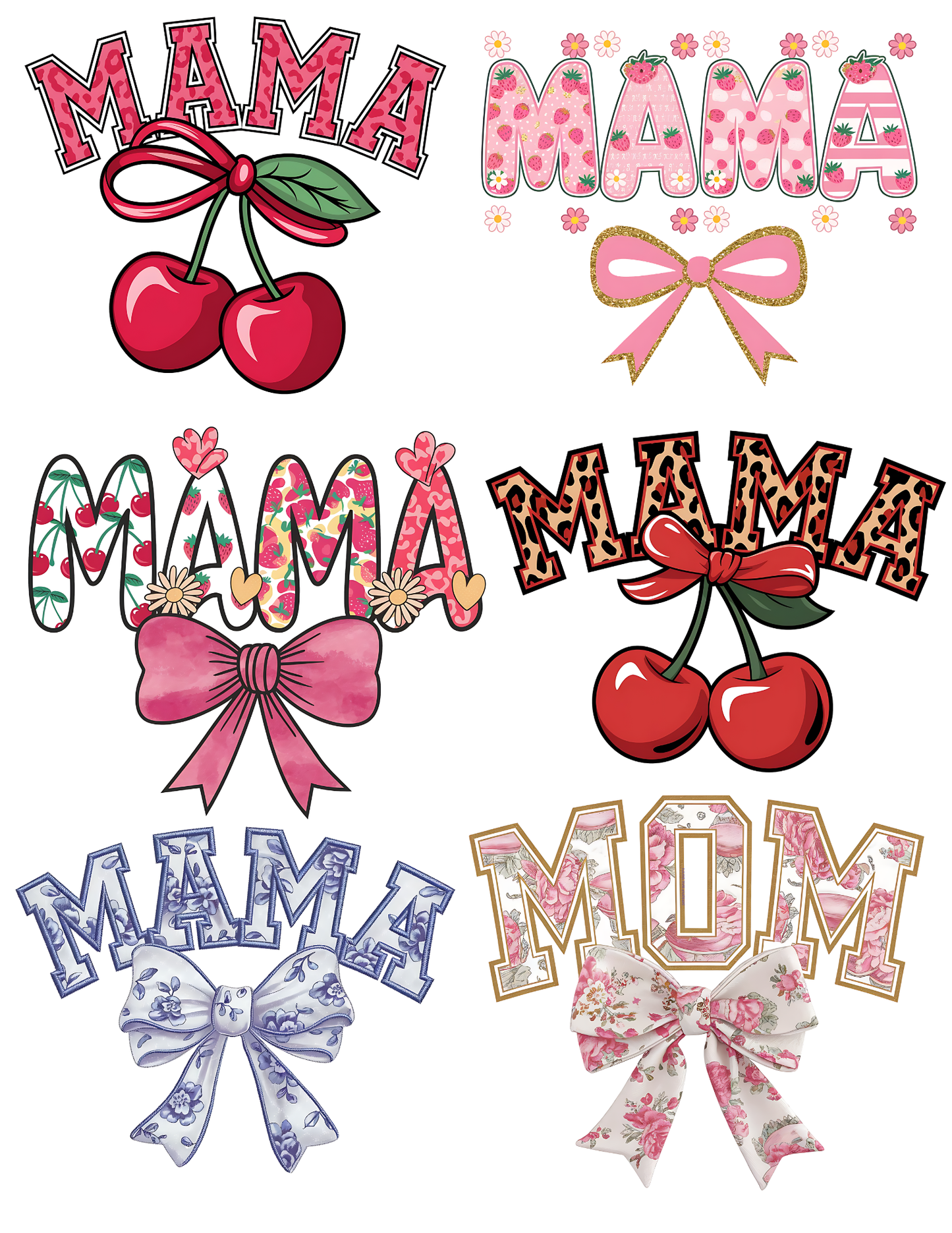 DTF Gang Sheet — Mama Bow & Fruit Coquette Pack · 6 Trendy Mom Designs