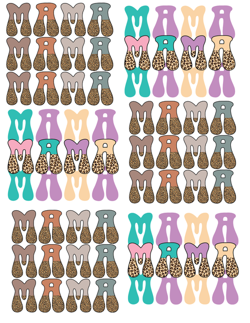 DTF Gang Sheet — Mama Drip Letters Leopard Pack · Earth & Pastel Colorways